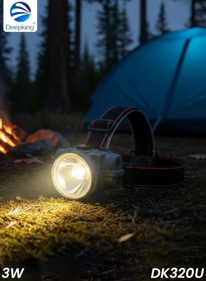 Deepking Rechargeable LED Headlamp 3W, Waterproof Head Torch with 1200mAh Battery, USB Charging, 2 Light Modes, Bright Focused Beam, Long 14 Hour Backup, Headlight for Camping, Hiking, Fishing & Work Use - DK320U - Image 1